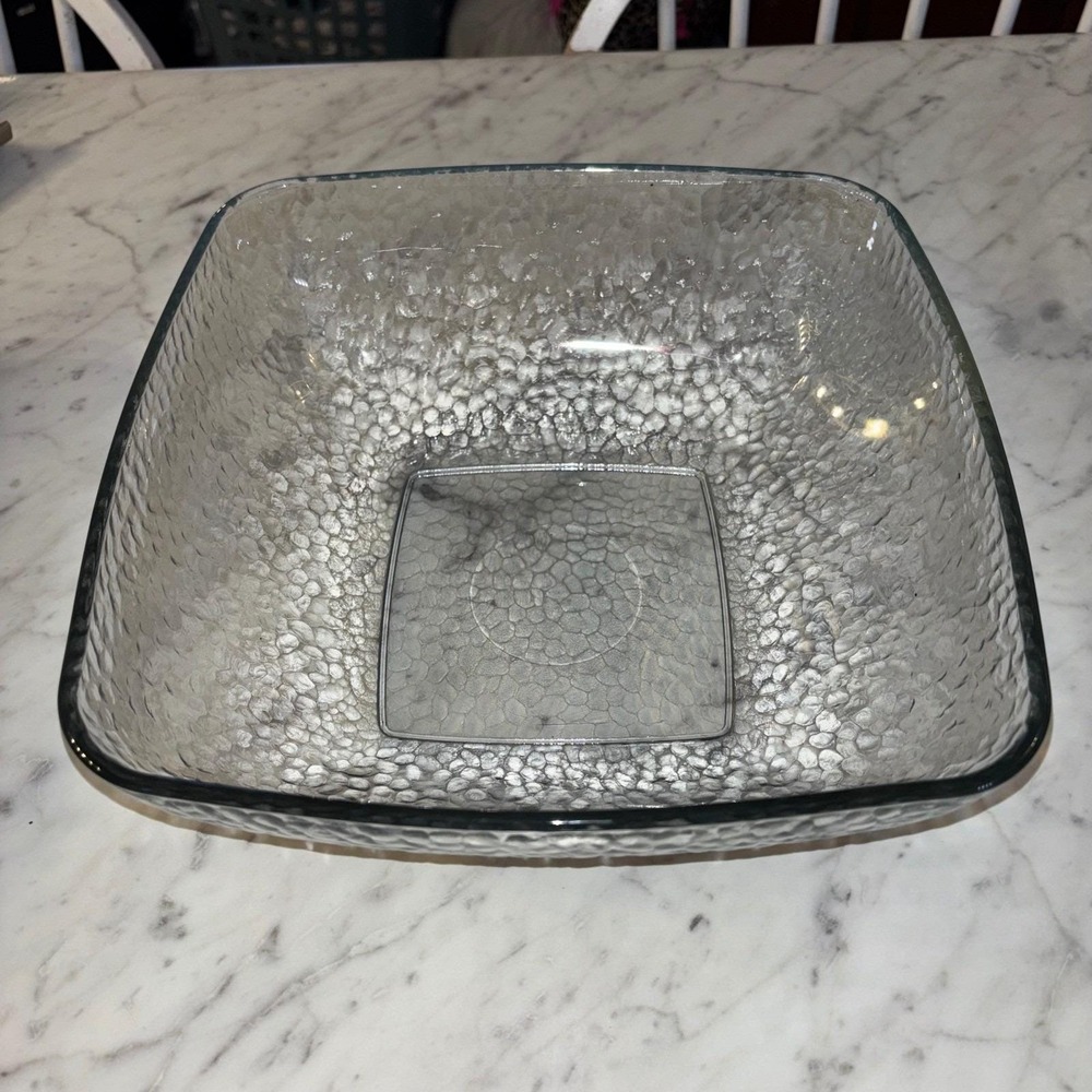 Square Hammered Glass Serving Bowl Clear Pebbled Texture Decorative Fruit Salad